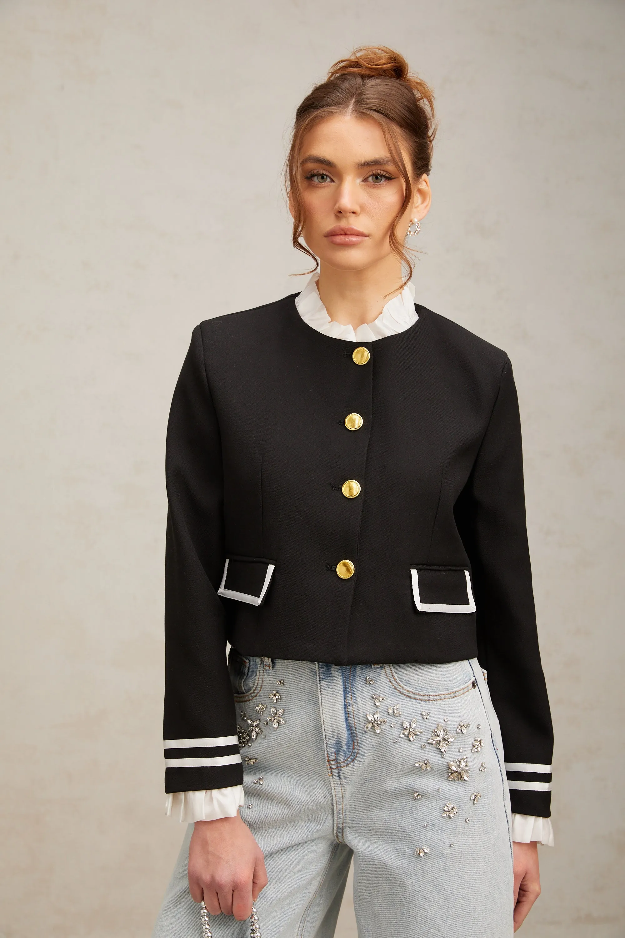 Graldine black ruffled-trim jacket Gloria Lanvin