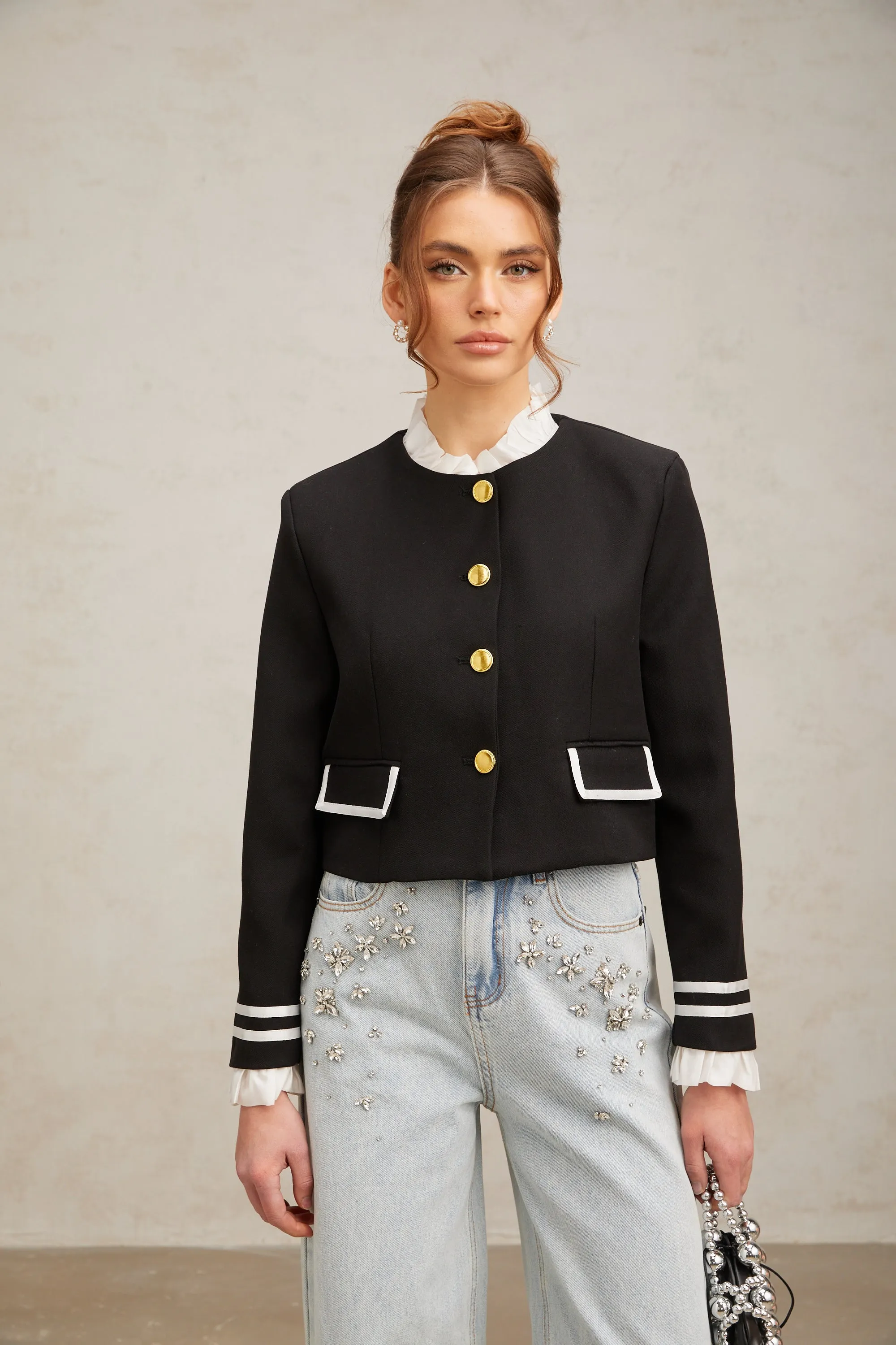 Graldine black ruffled-trim jacket Gloria Lanvin