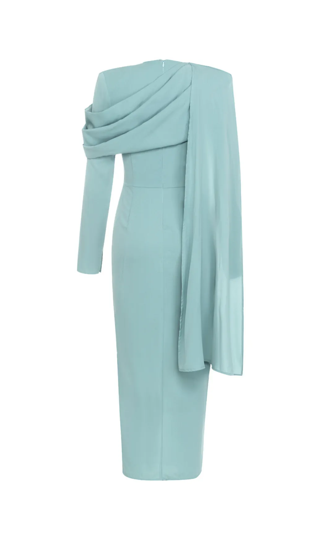 GRAY AND BLUE SINGLE-BREASTED BUTTON LONG-SLEEVED FRILL V-NECK RIBBON MIDI DRESS Gloria Lanvin