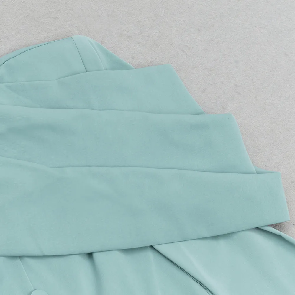 GRAY AND BLUE SINGLE-BREASTED BUTTON LONG-SLEEVED FRILL V-NECK RIBBON MIDI DRESS Gloria Lanvin
