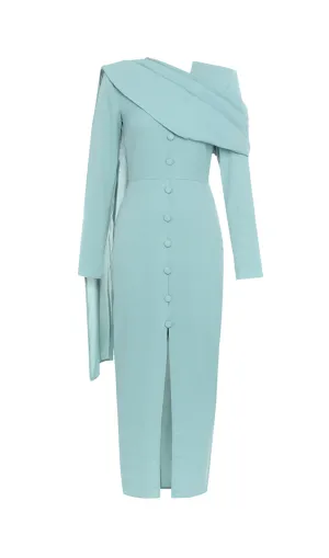 GRAY AND BLUE SINGLE-BREASTED BUTTON LONG-SLEEVED FRILL V-NECK RIBBON MIDI DRESS Gloria Lanvin
