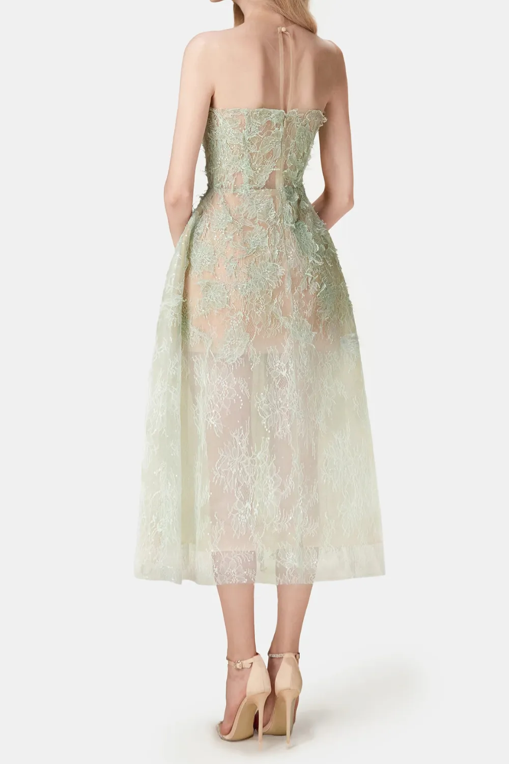 GREEN FLORAL LACE EMBROIDER MIDI DRESS Gloria Lanvin