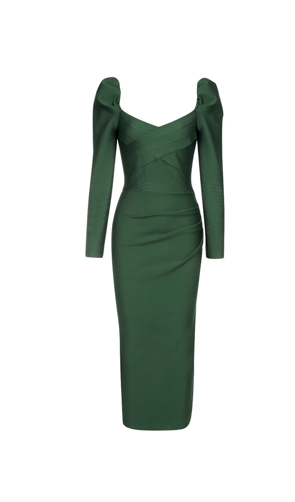GREEN LONG SLEEVE RUCHED MIDI DRESS Gloria Lanvin