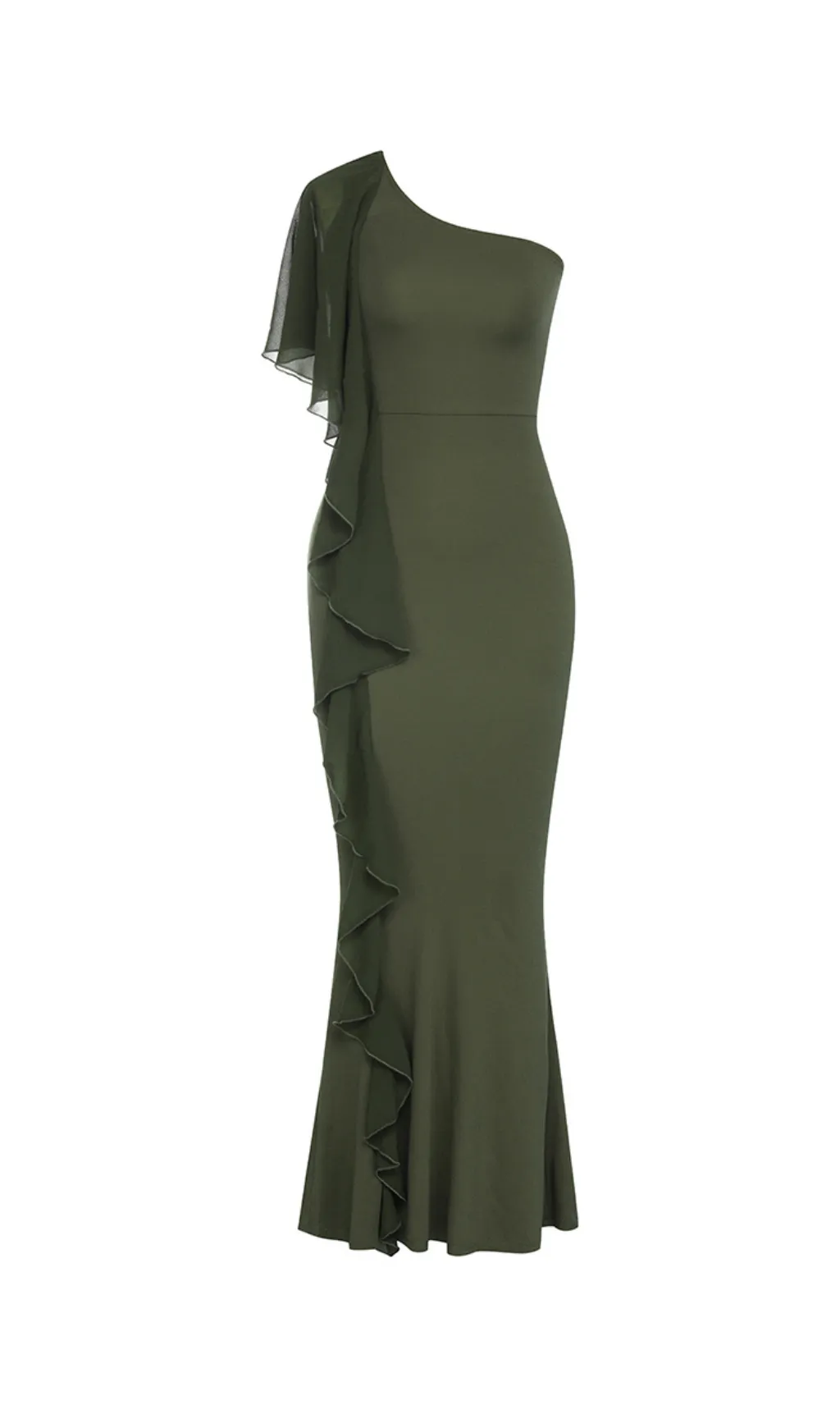 GREEN ONE SHOULDER RUFFLE TRIM DRESS Gloria Lanvin