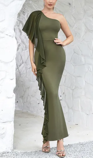 GREEN ONE SHOULDER RUFFLE TRIM DRESS Gloria Lanvin