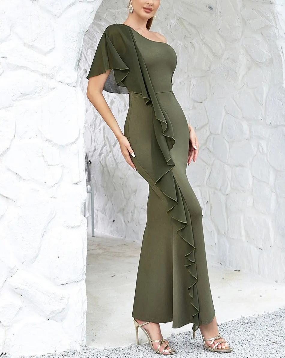 GREEN ONE SHOULDER RUFFLE TRIM DRESS Gloria Lanvin