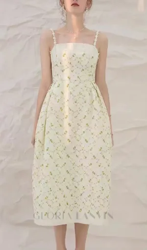 GREEN PRINTED PERAL STRAPS MIDI DRESS Gloria Lanvin