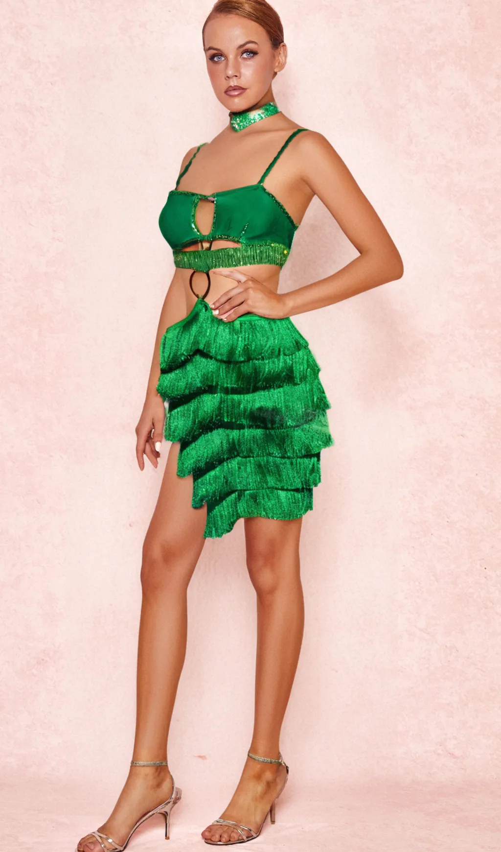 GREEN RHINESTONE CUTOUT FRINGE DRESS Gloria Lanvin