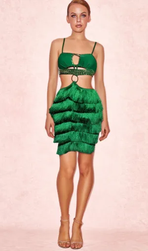 GREEN RHINESTONE CUTOUT FRINGE DRESS Gloria Lanvin