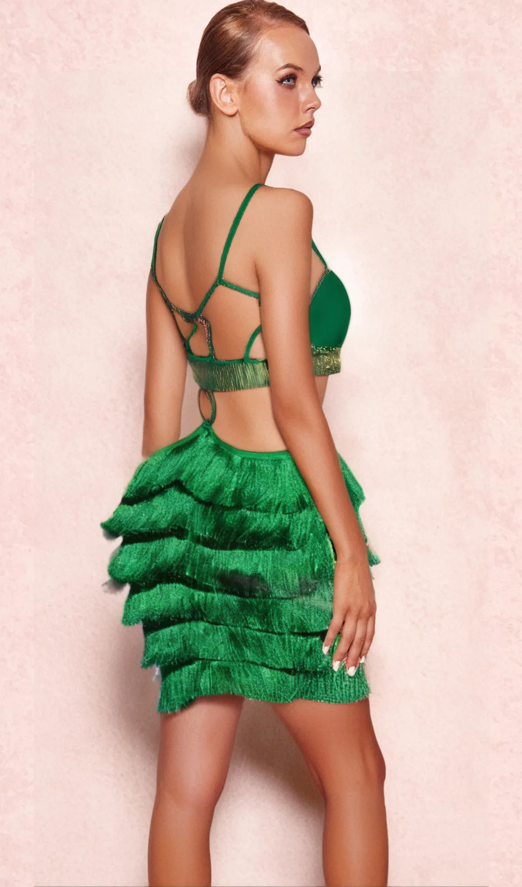 GREEN RHINESTONE CUTOUT FRINGE DRESS Gloria Lanvin