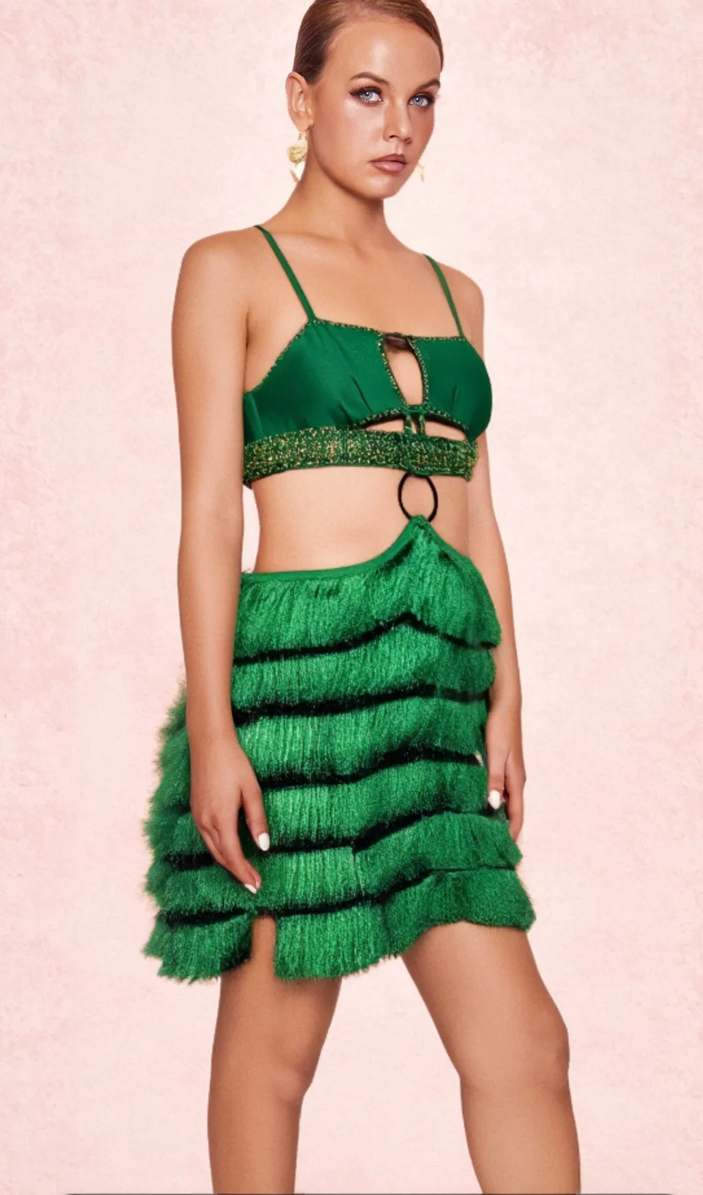 GREEN RHINESTONE CUTOUT FRINGE DRESS Gloria Lanvin