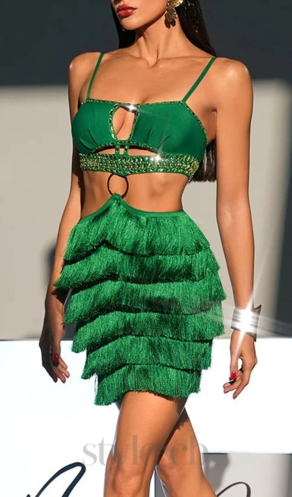GREEN RHINESTONE CUTOUT FRINGE DRESS Gloria Lanvin