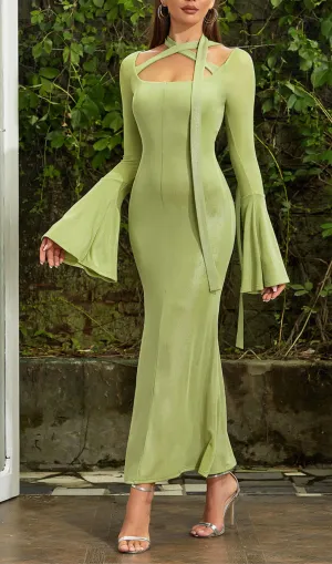 GREEN TRUMPET SLEEVE BODYCON MAXI DRESS Gloria Lanvin