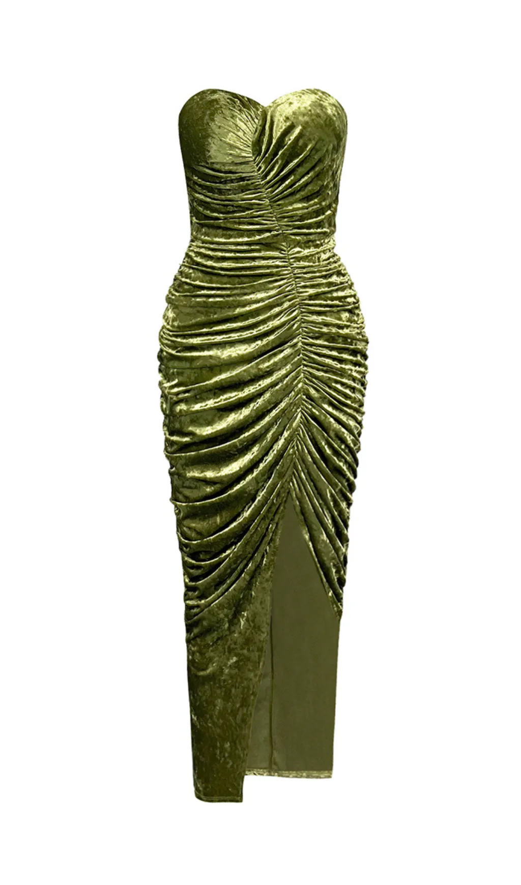 GREEN VELVET V-NECK PLEATED TUBE TOP HIGH SLIT MIDI DRESS Gloria Lanvin