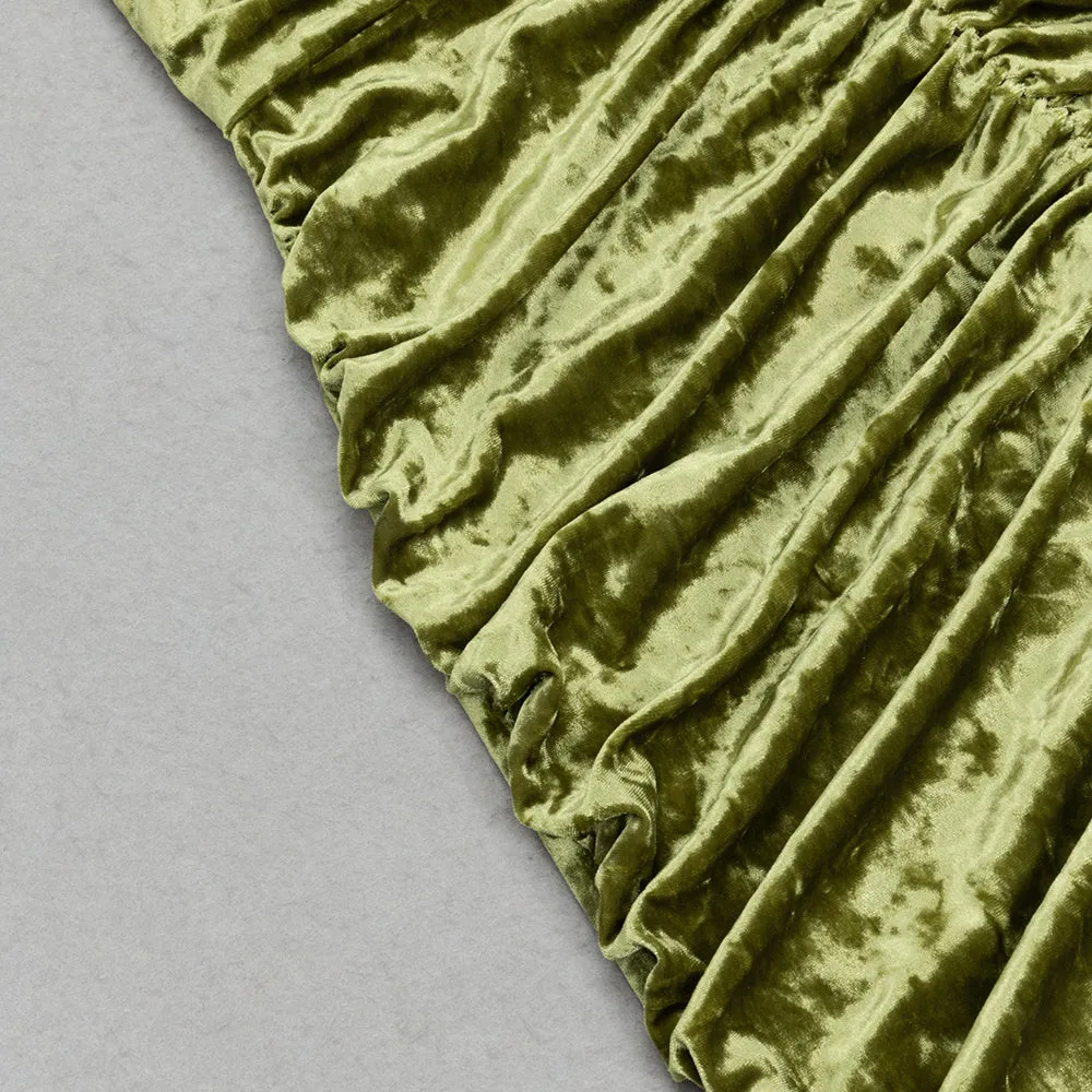 GREEN VELVET V-NECK PLEATED TUBE TOP HIGH SLIT MIDI DRESS Gloria Lanvin