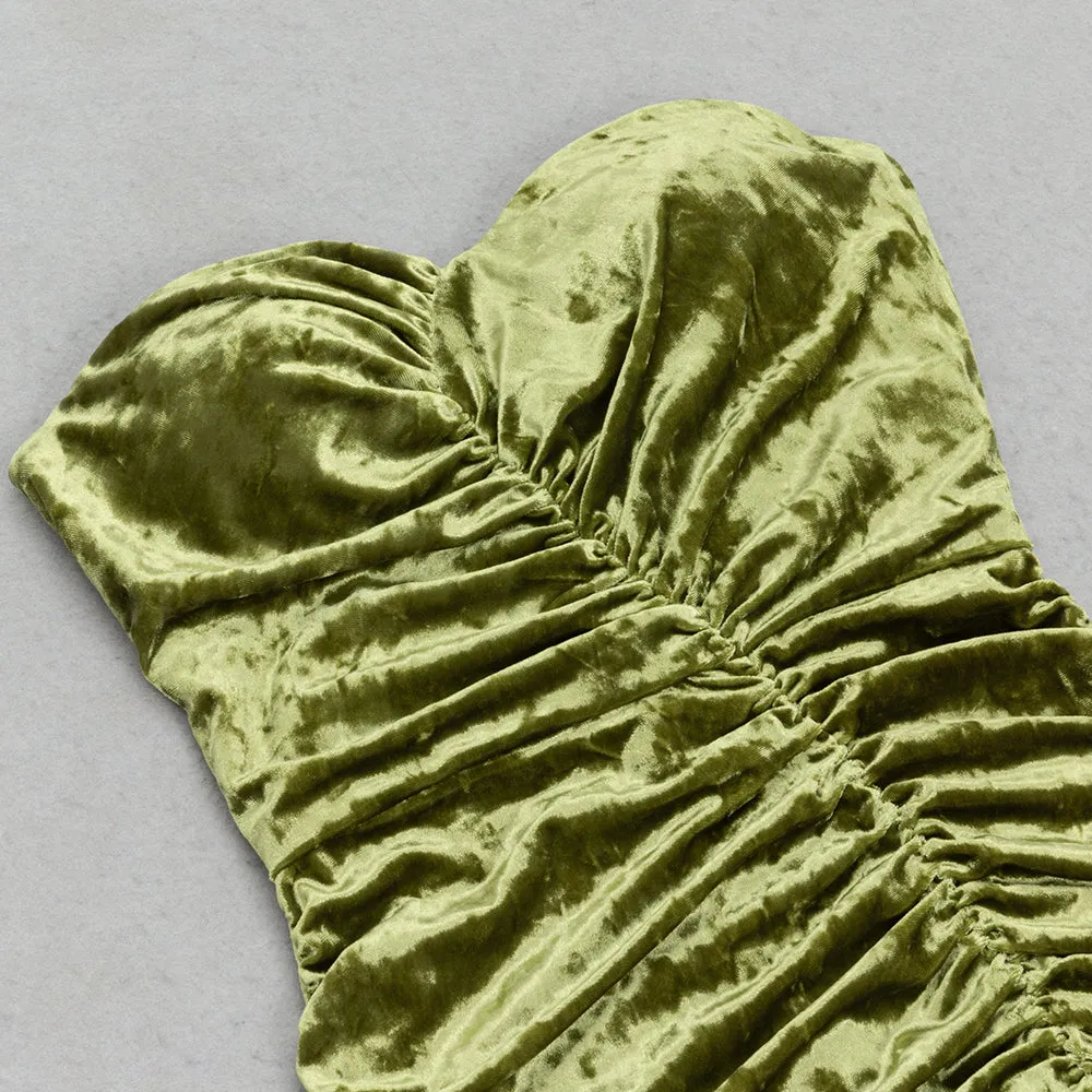 GREEN VELVET V-NECK PLEATED TUBE TOP HIGH SLIT MIDI DRESS Gloria Lanvin