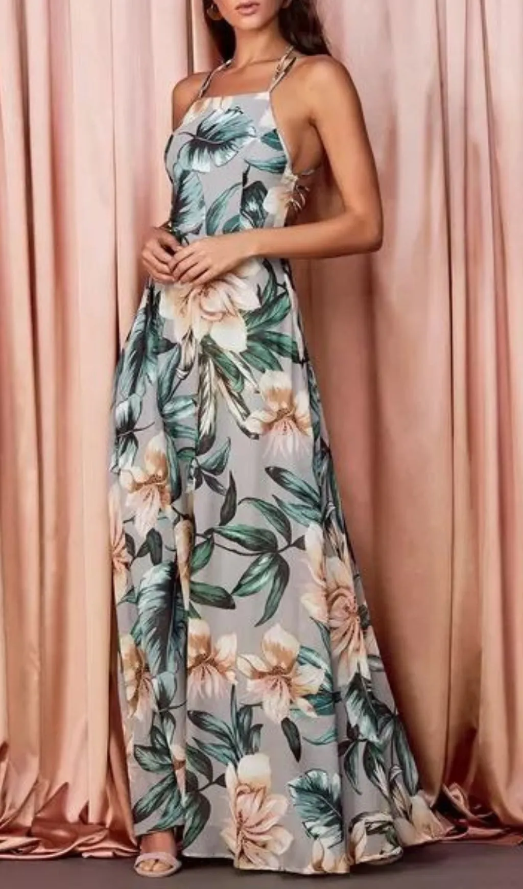 Grey Floral Print Lace-Up Maxi Dress Gloria Lanvin