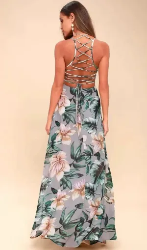 Grey Floral Print Lace-Up Maxi Dress Gloria Lanvin