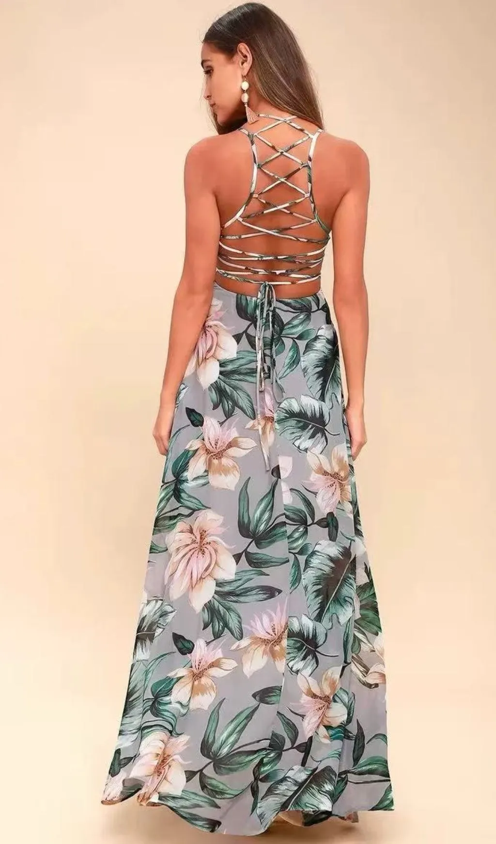 Grey Floral Print Lace-Up Maxi Dress Gloria Lanvin