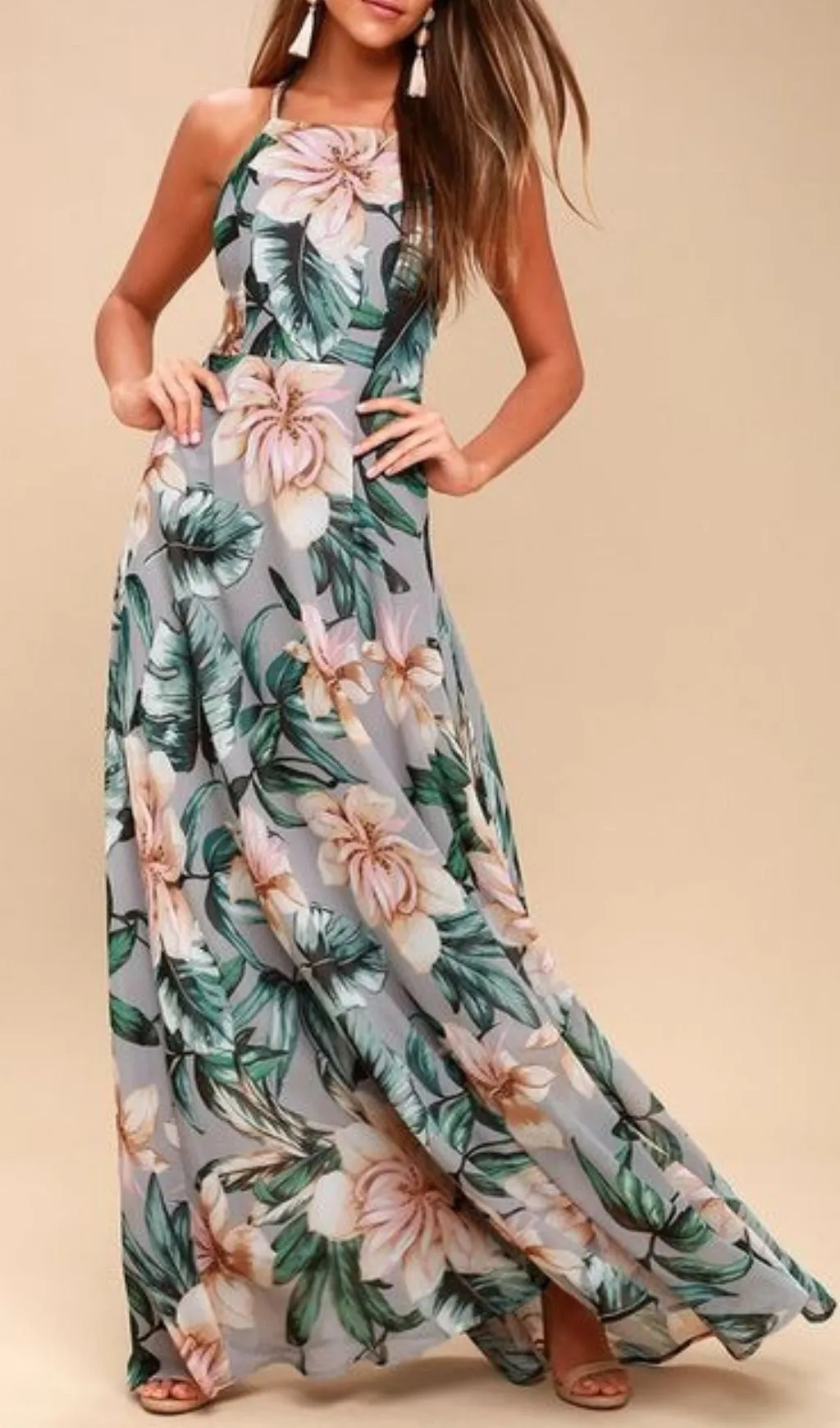 Grey Floral Print Lace-Up Maxi Dress Gloria Lanvin