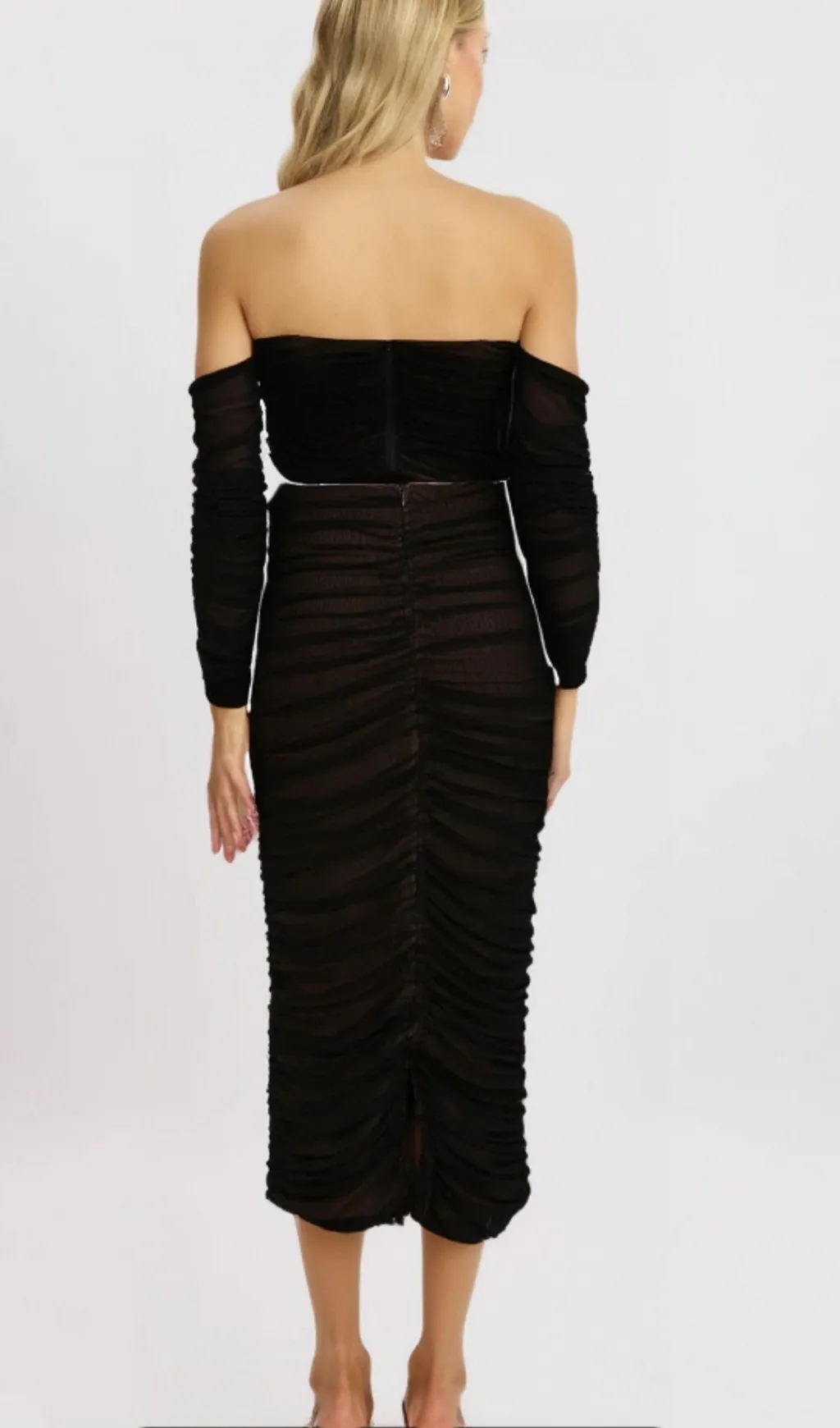 Gwenonwy black ruched mesh top & skirt matching set Gloria Lanvin