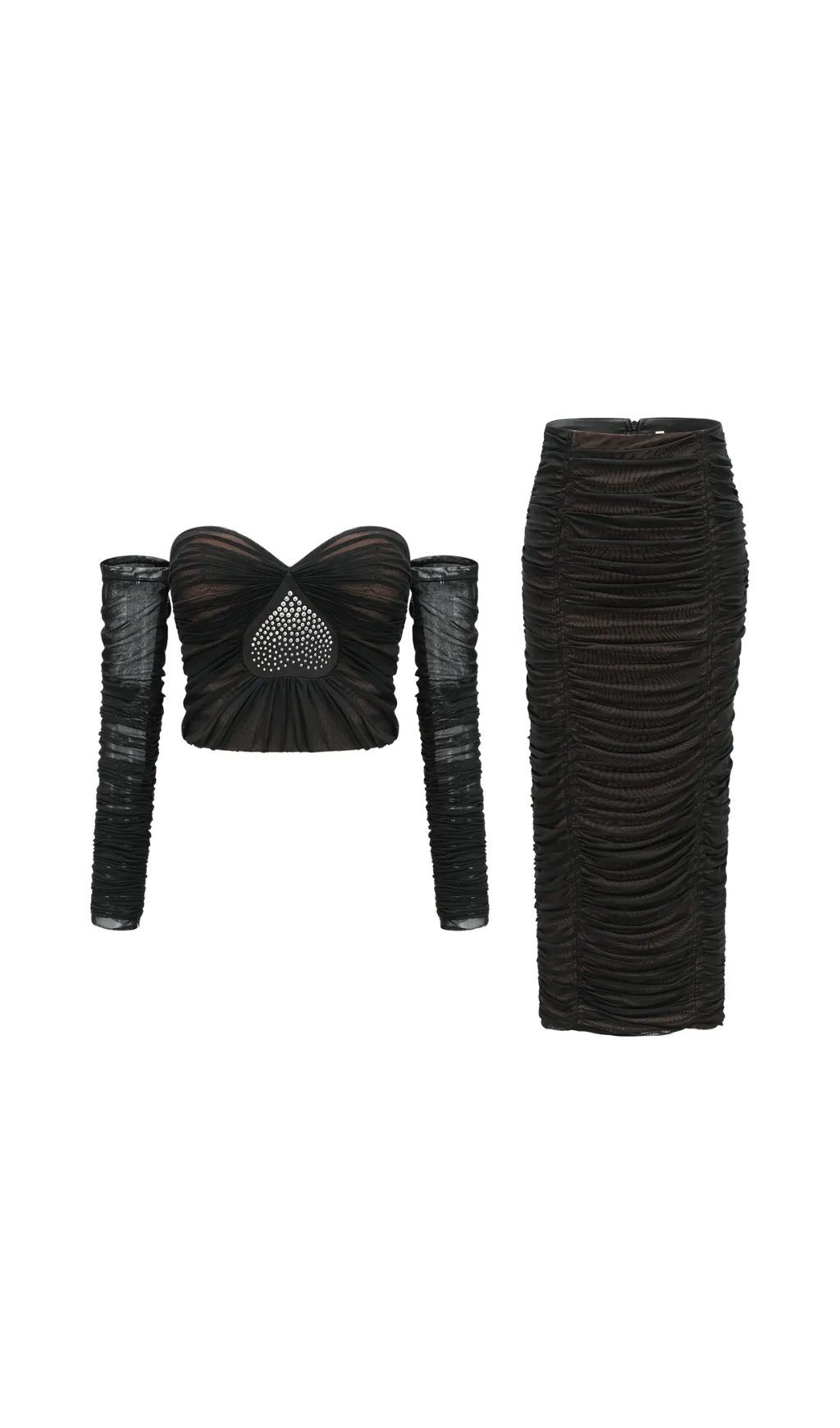 Gwenonwy black ruched mesh top & skirt matching set Gloria Lanvin