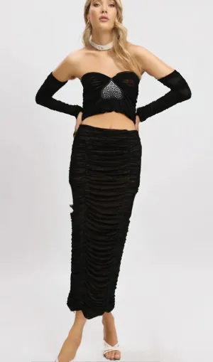 Gwenonwy black ruched mesh top & skirt matching set Gloria Lanvin