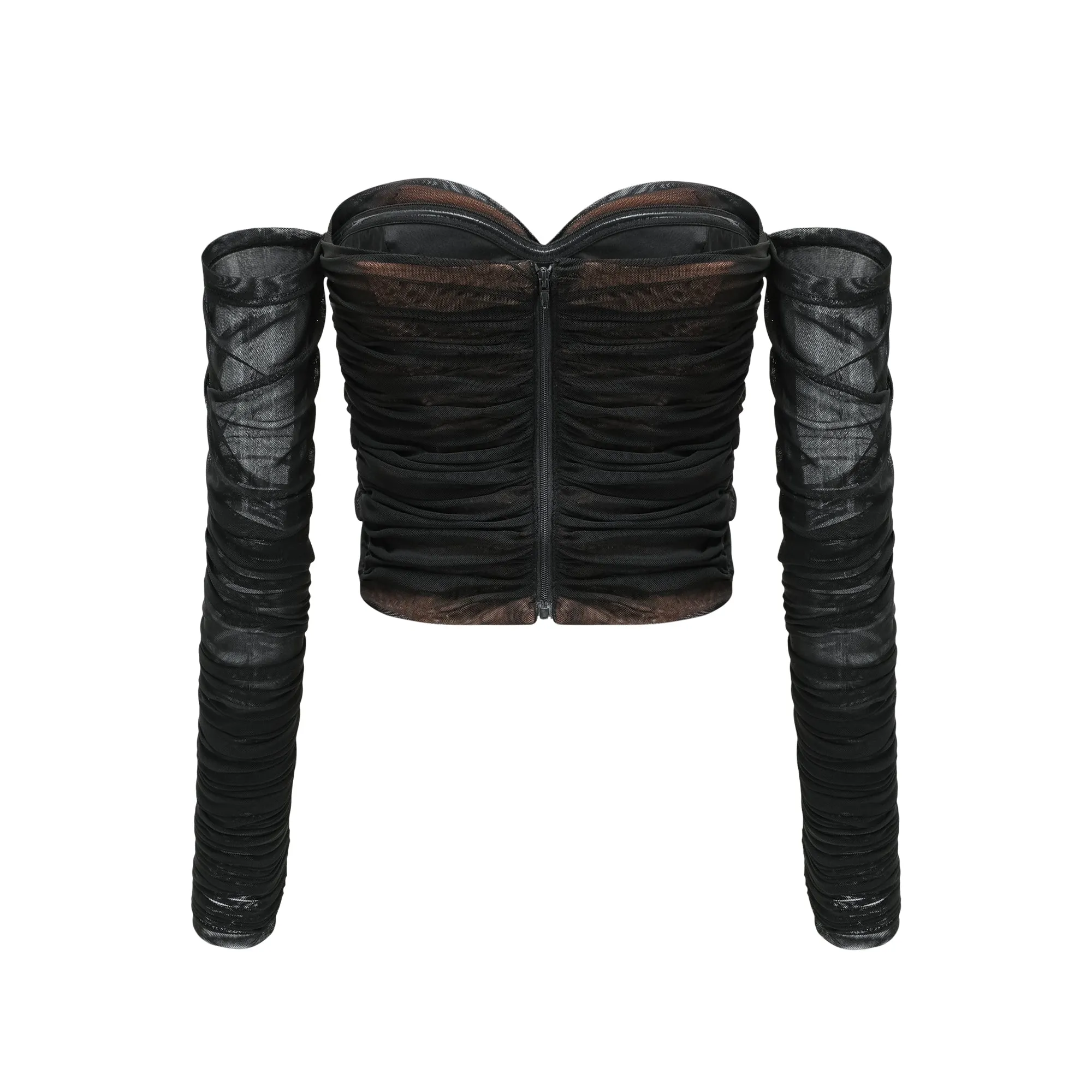 Gwenonwy black ruched mesh top & skirt matching set Gloria Lanvin