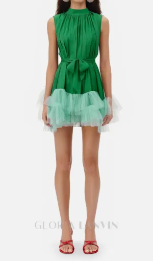 half-high-neckline tulle mini dress in green Gloria Lanvin