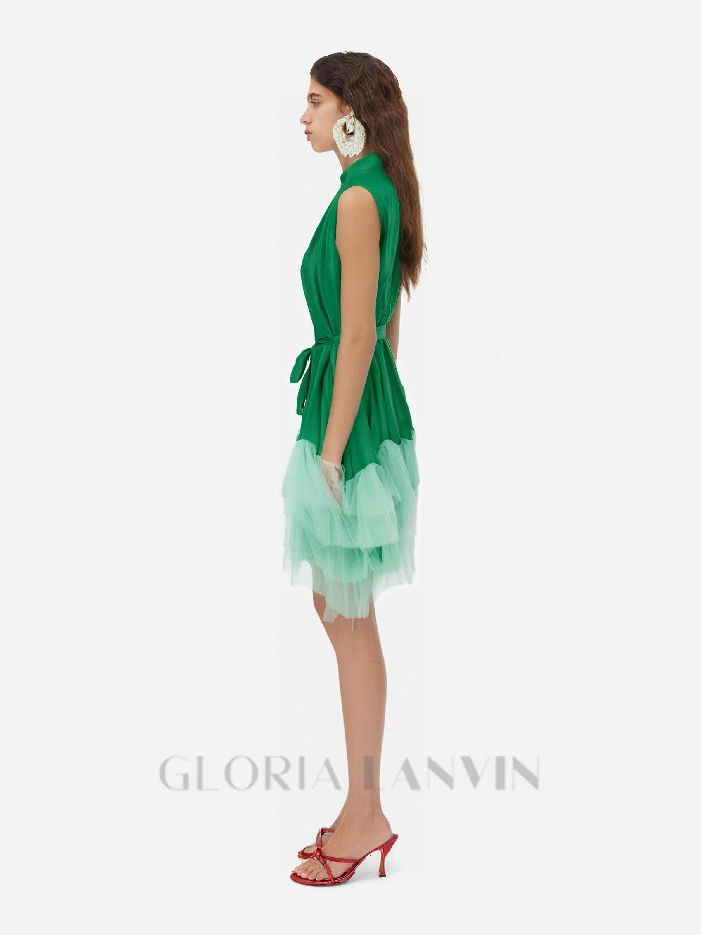 half-high-neckline tulle mini dress in green Gloria Lanvin