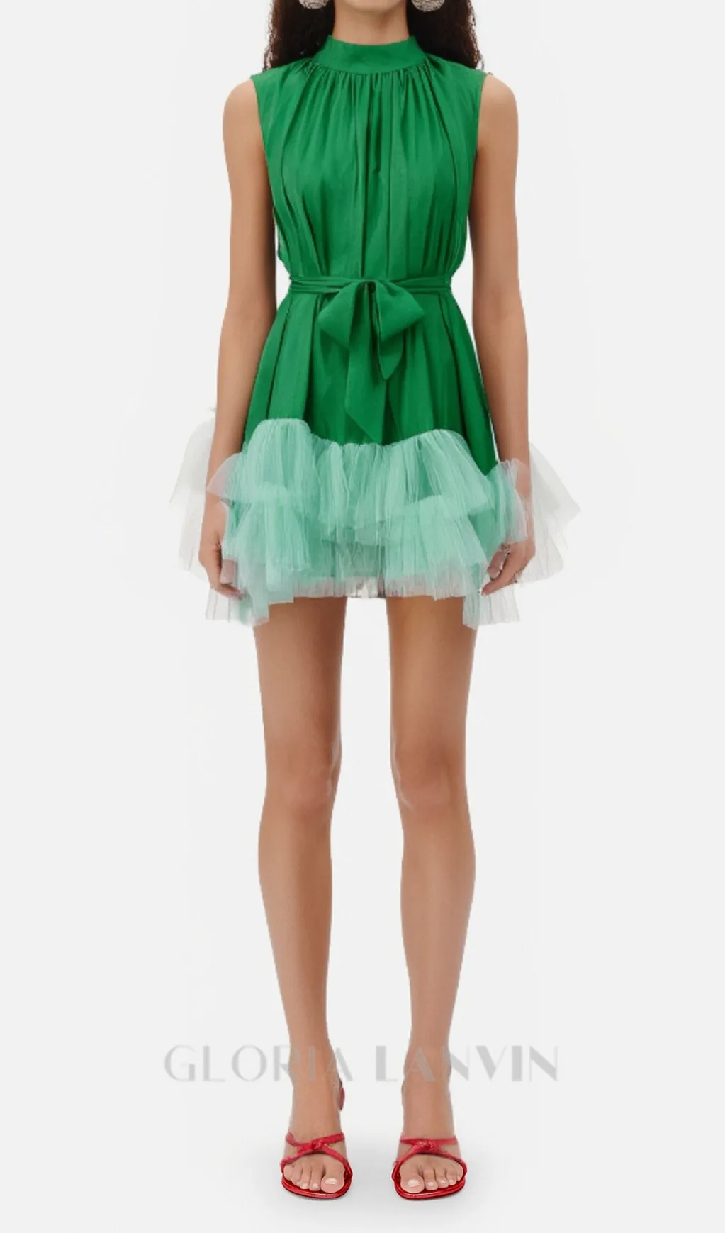 half-high-neckline tulle mini dress in green Gloria Lanvin