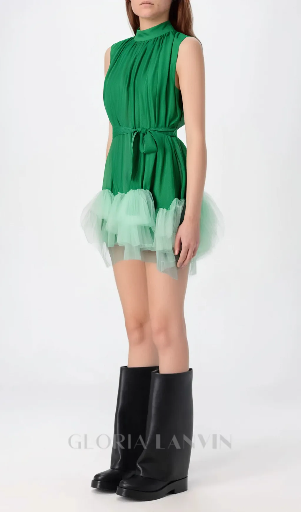 half-high-neckline tulle mini dress in green Gloria Lanvin