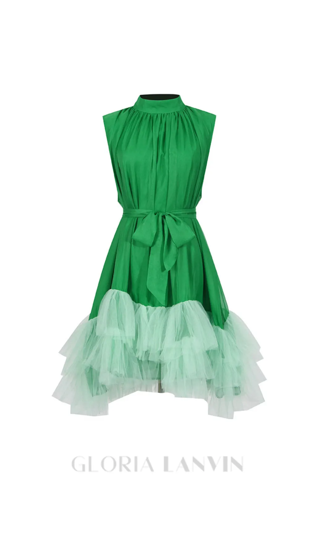 half-high-neckline tulle mini dress in green Gloria Lanvin