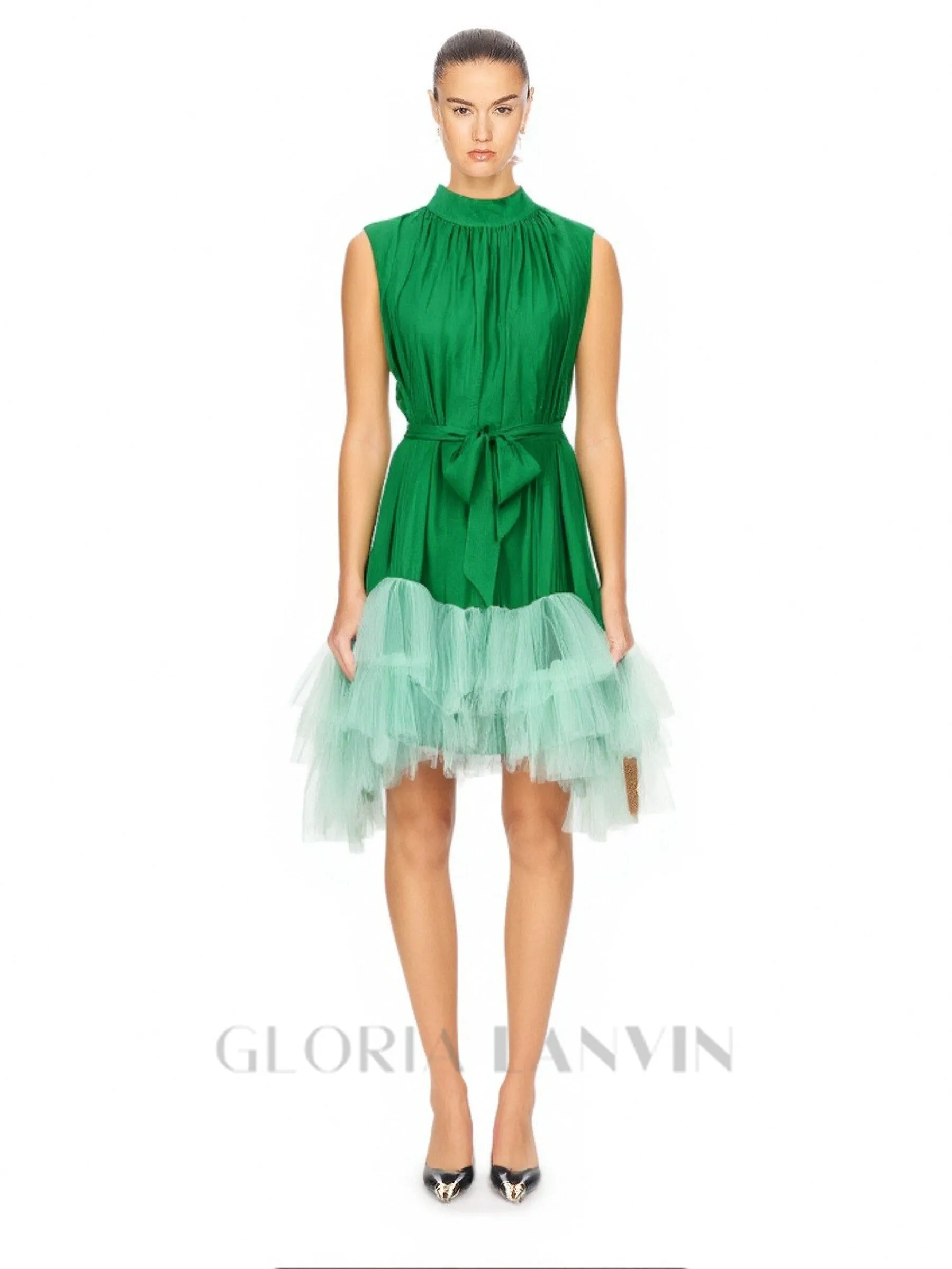 half-high-neckline tulle mini dress in green Gloria Lanvin