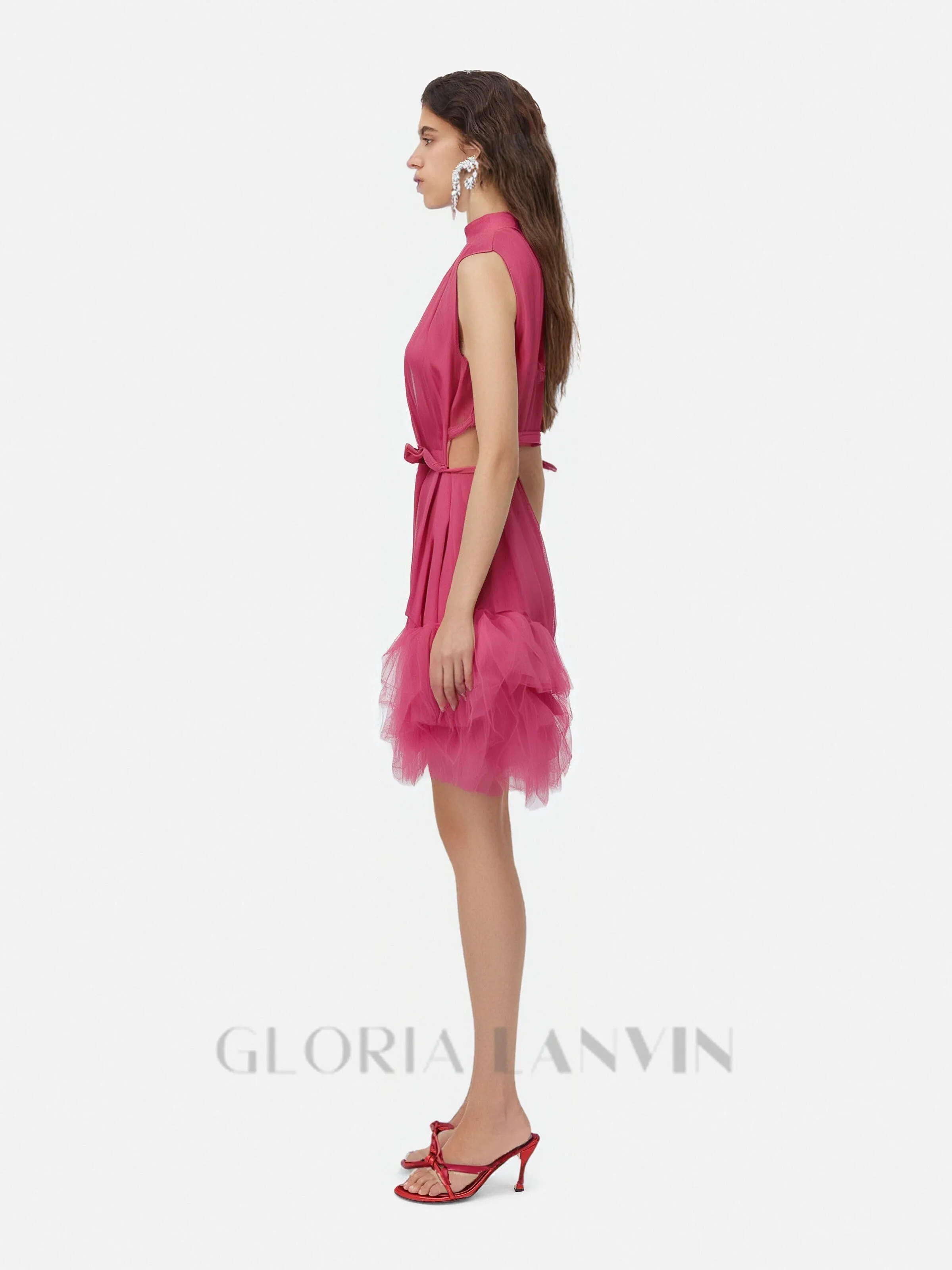 half-high-neckline tulle mini dress in pink Gloria Lanvin
