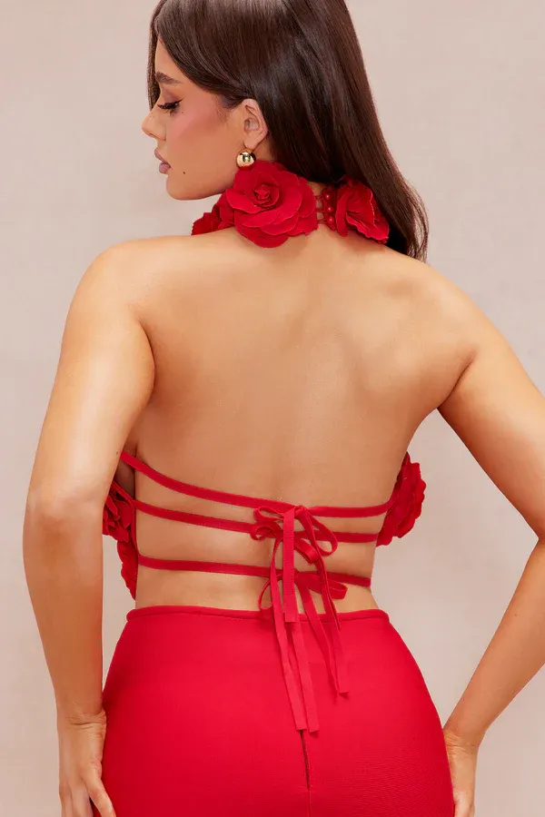 halter 3d flower hollow out backless maxi dress in red Gloria Lanvin