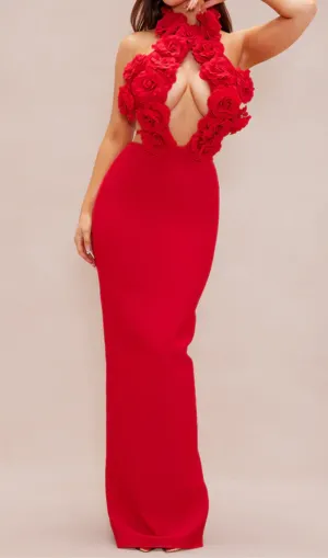 halter 3d flower hollow out backless maxi dress in red Gloria Lanvin