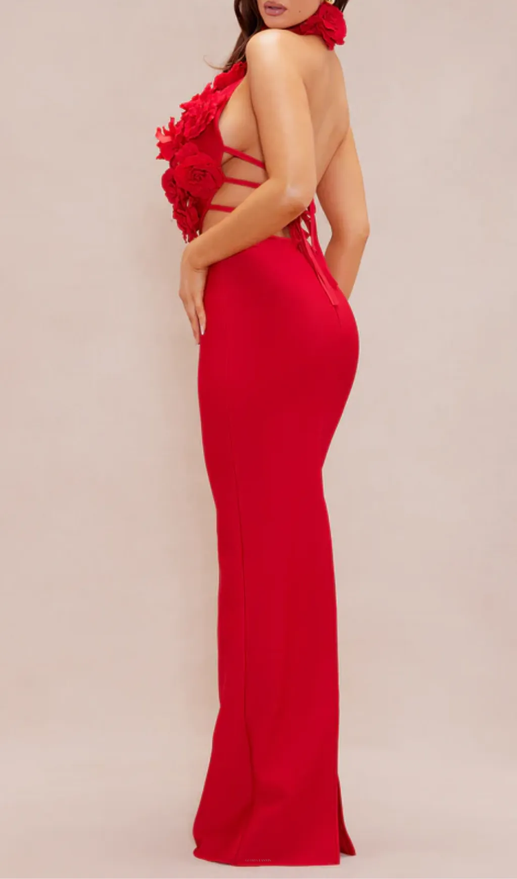 halter 3d flower hollow out backless maxi dress in red Gloria Lanvin