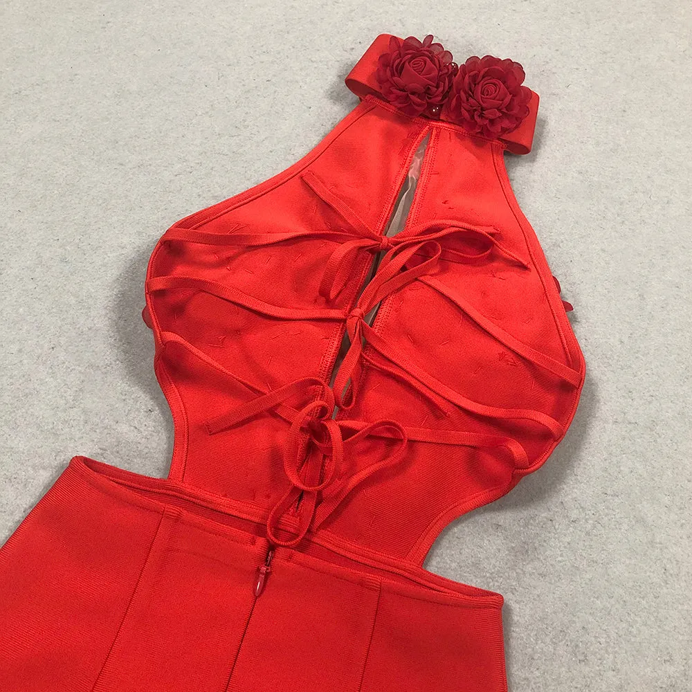 halter 3d flower hollow out backless maxi dress in red Gloria Lanvin