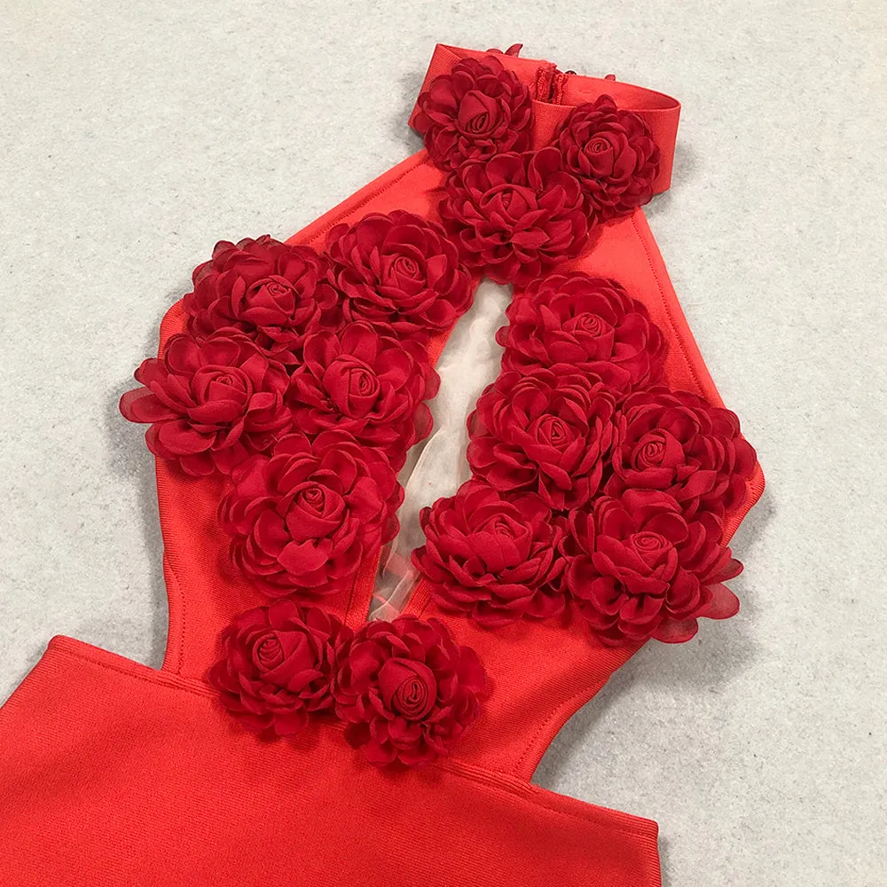 halter 3d flower hollow out backless maxi dress in red Gloria Lanvin