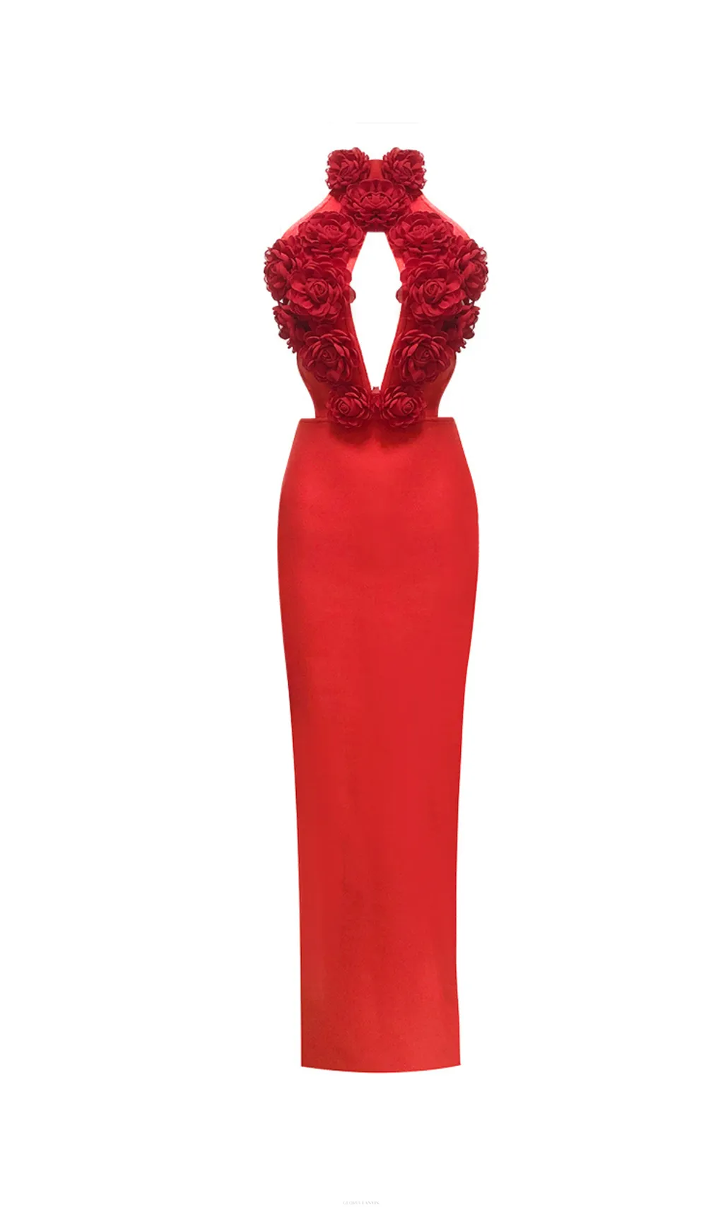halter 3d flower hollow out backless maxi dress in red Gloria Lanvin