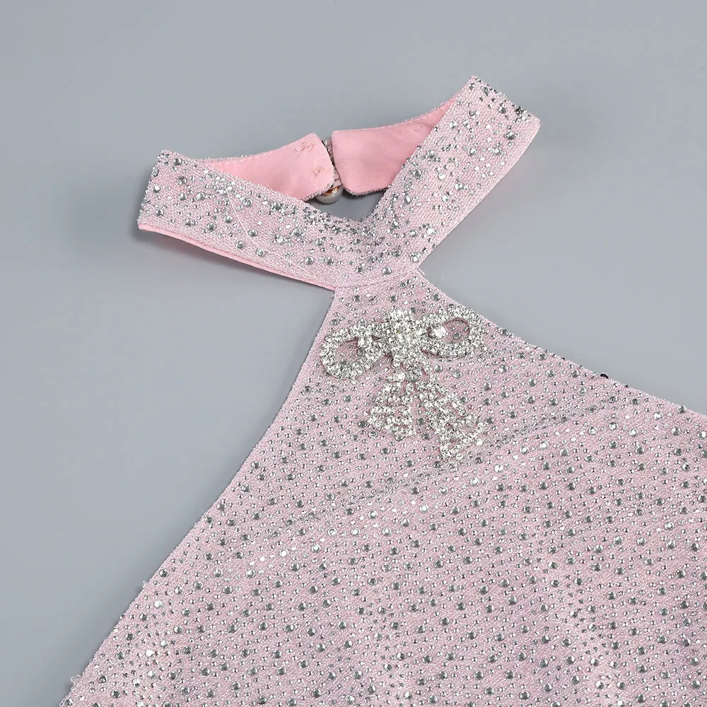 HALTER BACKLESS CRYSTAL EMBELLISHED MAXI DRESS IN PINK Gloria Lanvin