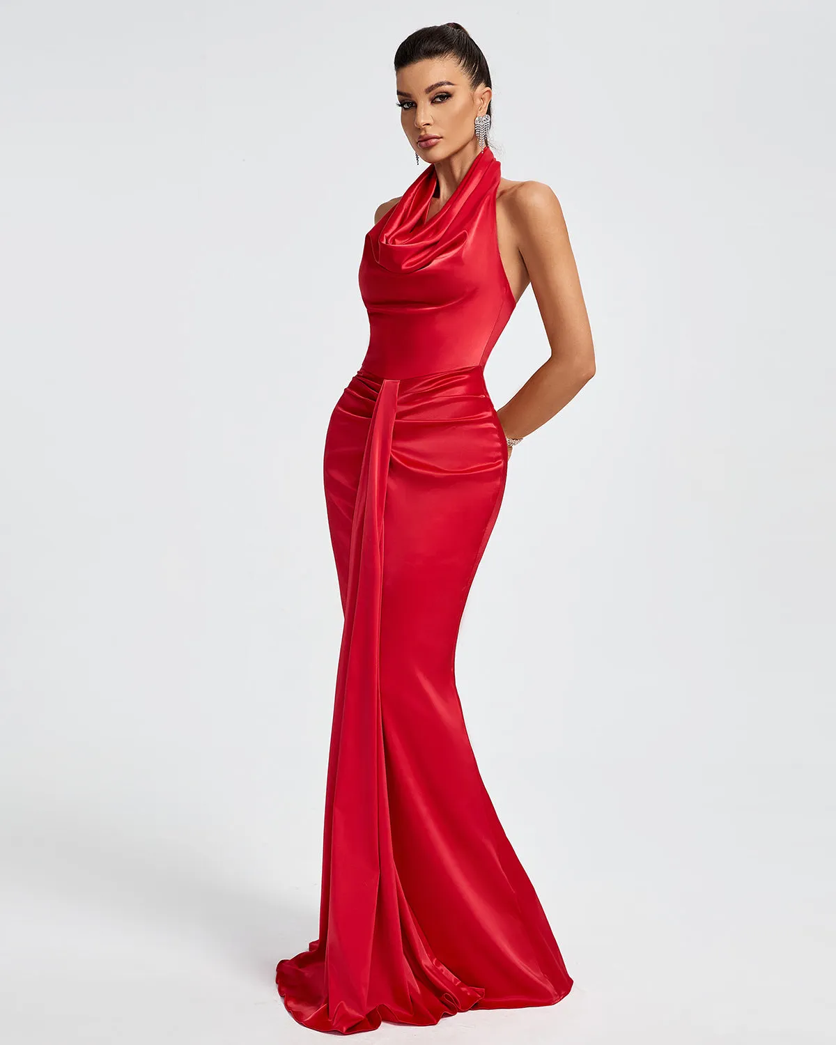 HALTER DRAPED SATIN MERMAID MAXI DRESS IN RED Gloria Lanvin