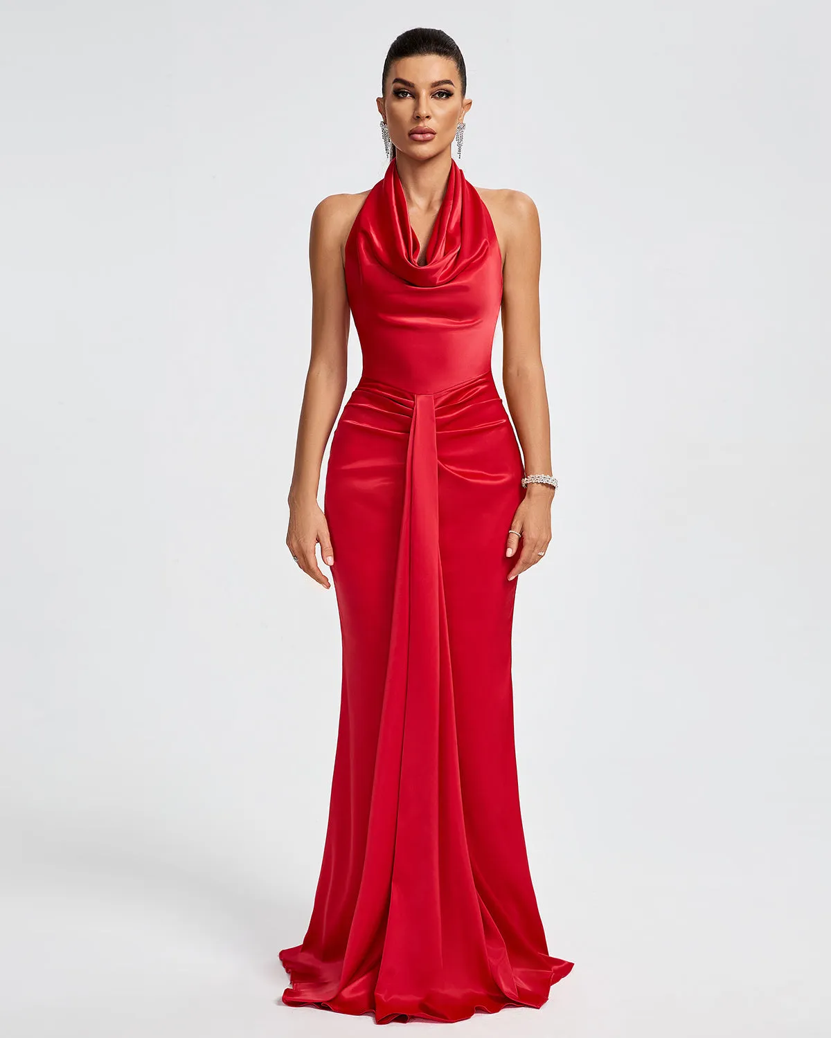 HALTER DRAPED SATIN MERMAID MAXI DRESS IN RED Gloria Lanvin