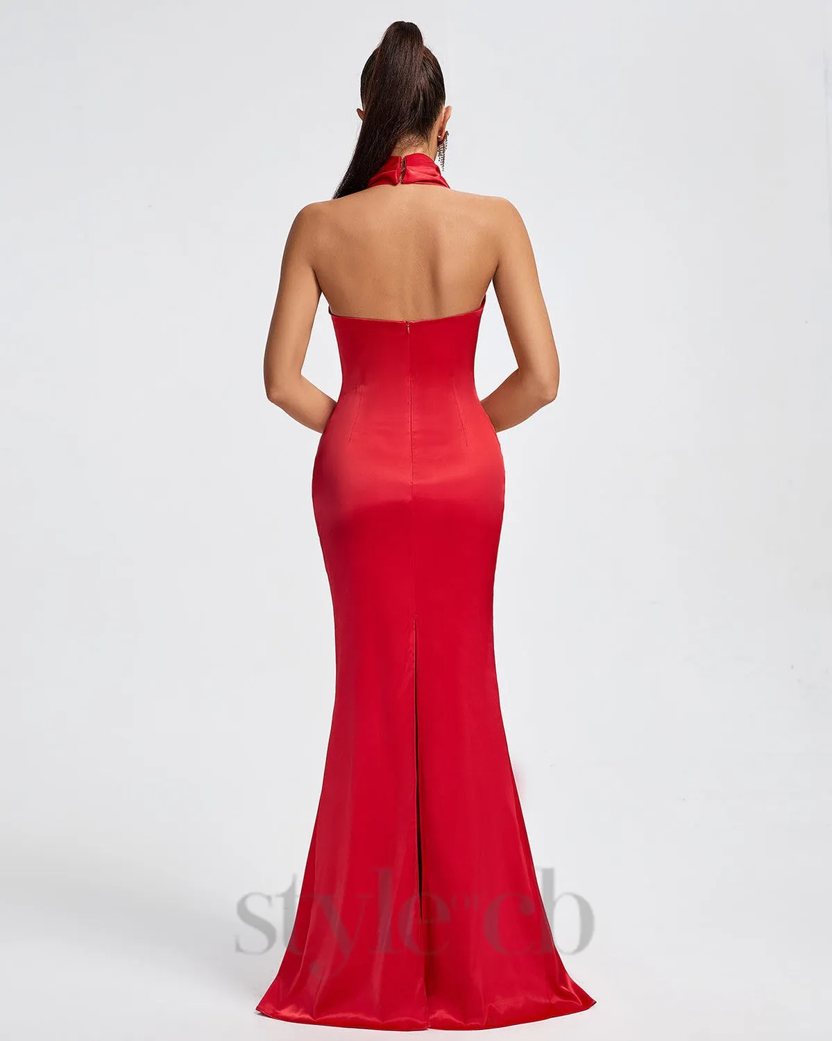 HALTER DRAPED SATIN MERMAID MAXI DRESS IN RED Gloria Lanvin