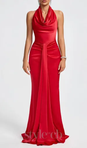 HALTER DRAPED SATIN MERMAID MAXI DRESS IN RED Gloria Lanvin
