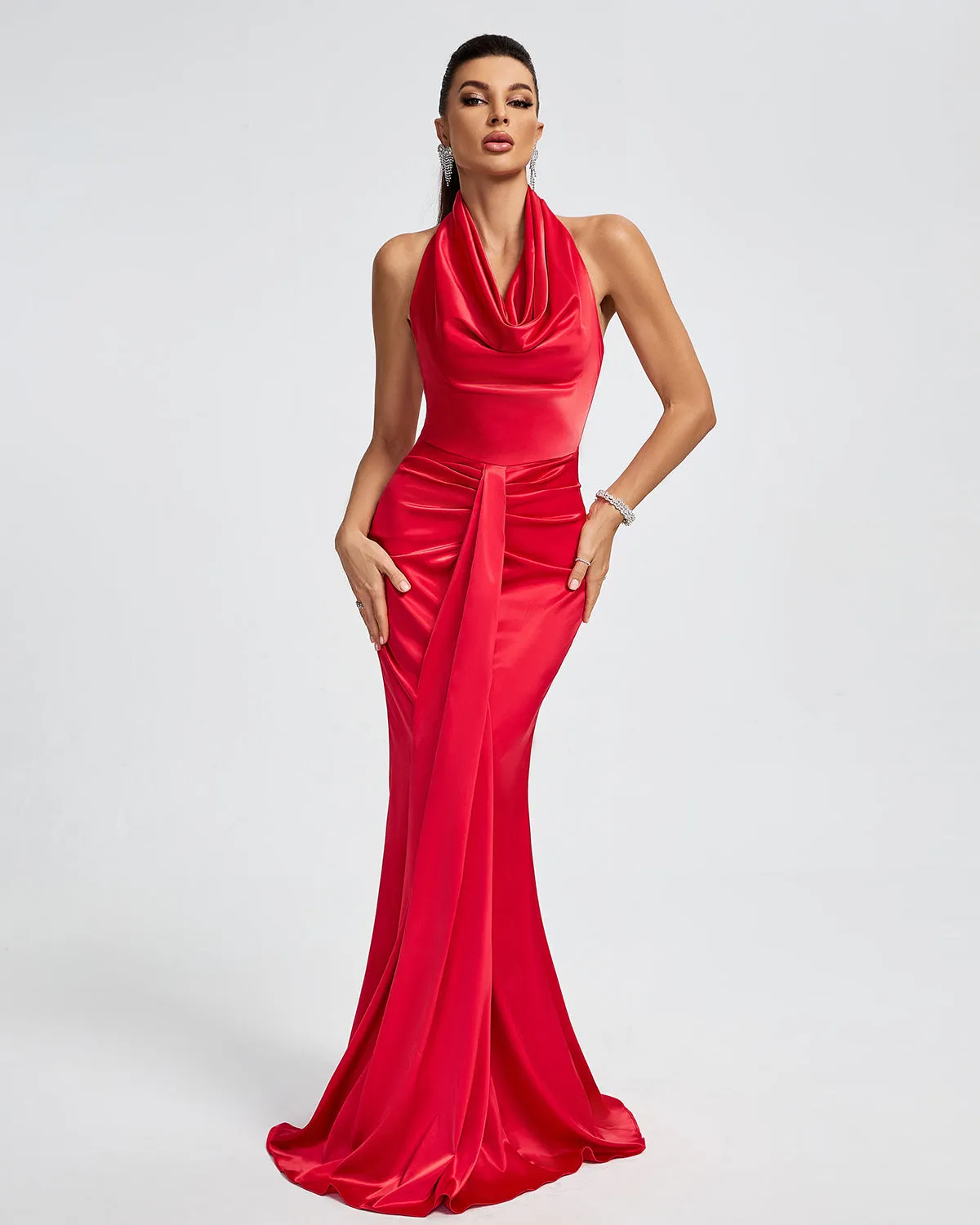 HALTER DRAPED SATIN MERMAID MAXI DRESS IN RED Gloria Lanvin