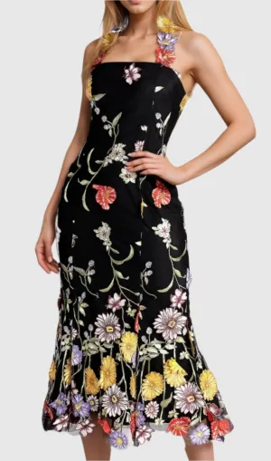 Halter Embroider Floral midi Dress in black Gloria Lanvin