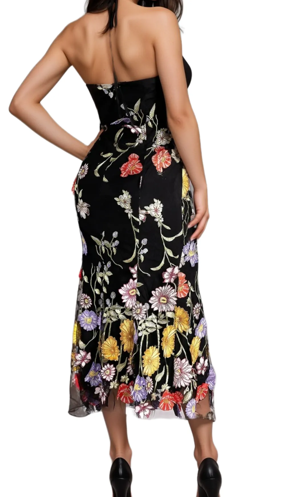 Halter Embroider Floral midi Dress in black Gloria Lanvin