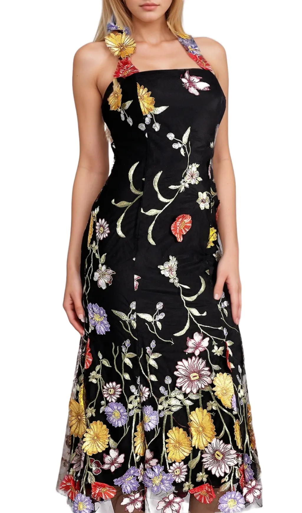Halter Embroider Floral midi Dress in black Gloria Lanvin